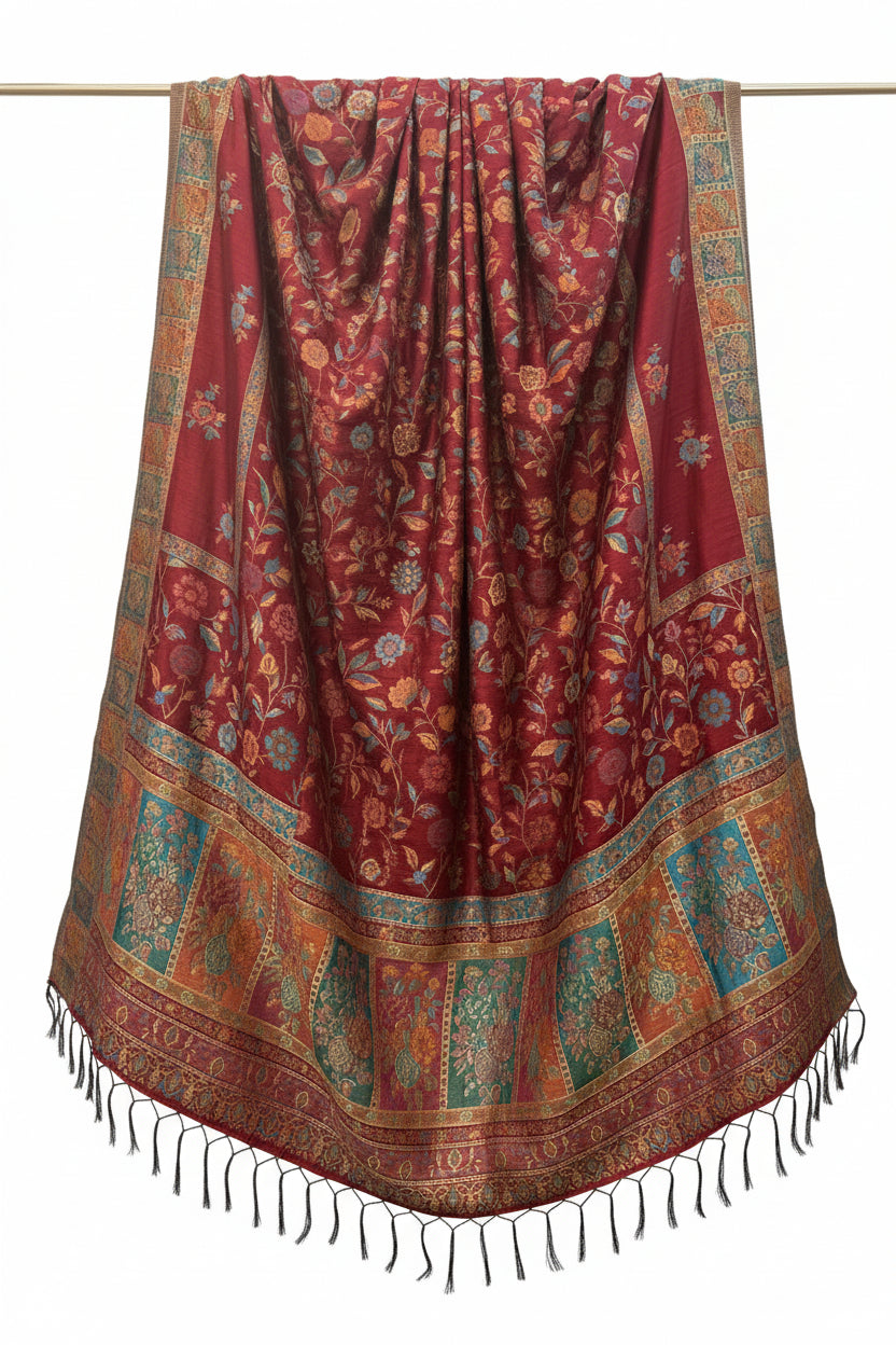 deep maroon kanni silk dupatta is displayed. 