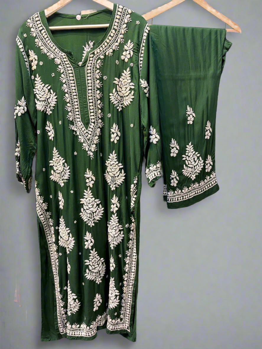 Bottle Green Chikankari embroidered kurti & palazzo set
