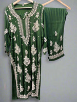 Bottle Green Chikankari embroidered kurti & palazzo set