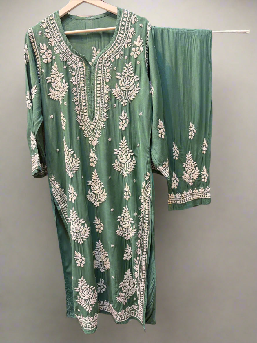 Green Chikankari embroidered kurti & palazzo set