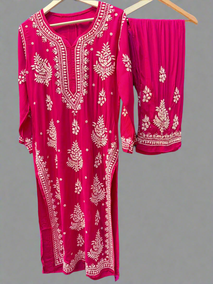 Magenta Chikankari embroidered kurti & palazzo set