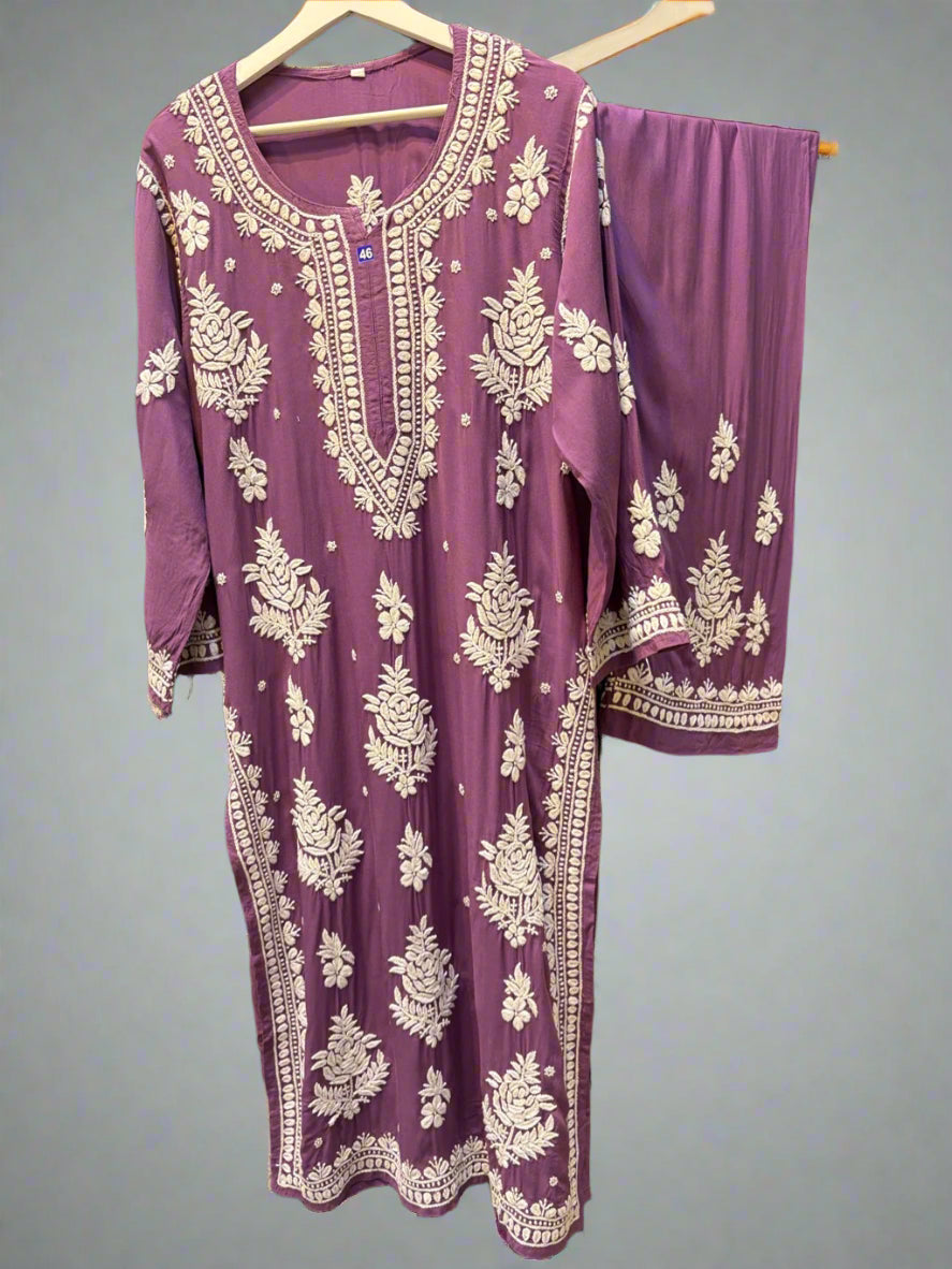Purple Chikankari embroidered kurti & palazzo set
