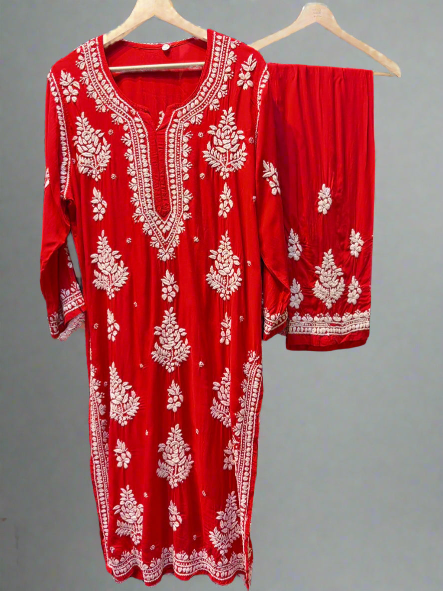 Red Chikankari embroidered kurti & palazzo set