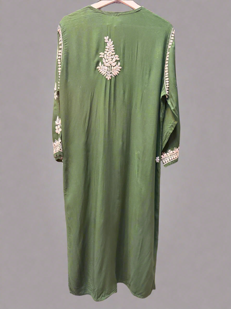 Rear view of Bottle green chikankari embroidered kurti from a kurti & palazzo set