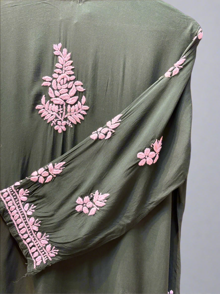 Sleeve close up view of Bottle green chikankari embroidered kurti from a kurti & palazzo set