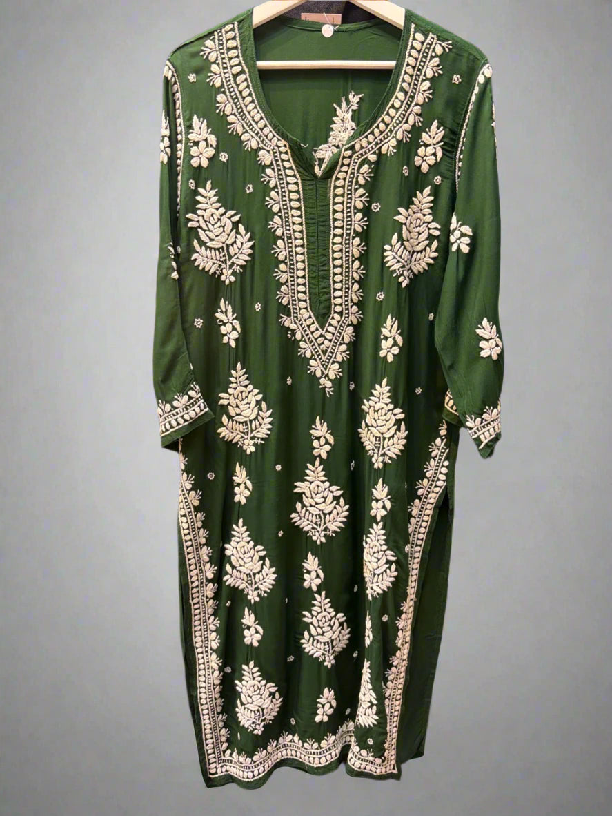 Bottle green chikankari embroidered kurti from a kurti & palazzo set