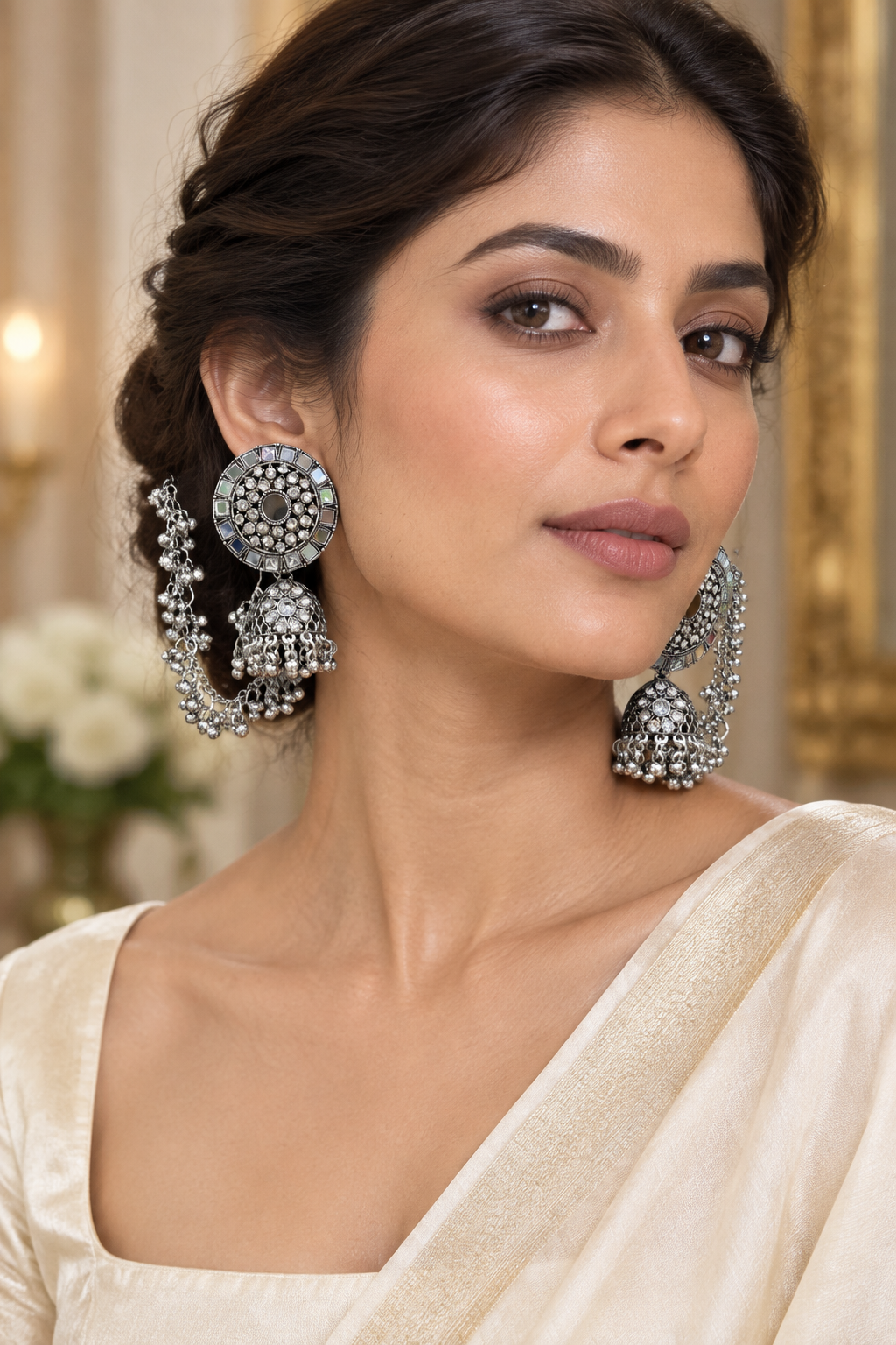 Elegant model wearing the silver jhumka earrings