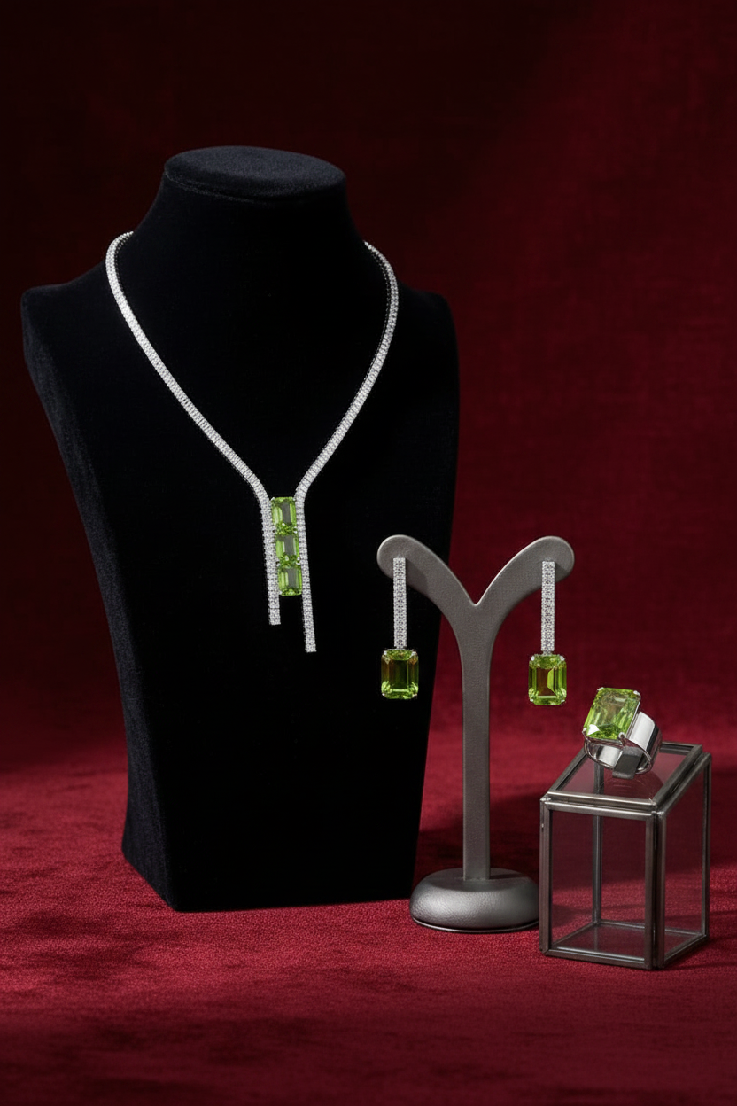 The Sovereign Peridot Emerald-Cut High American Diamond Jewellery Set