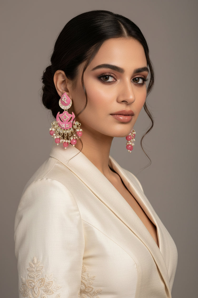 enamel painted pink colour Pair of earrings displayed on a stand. 