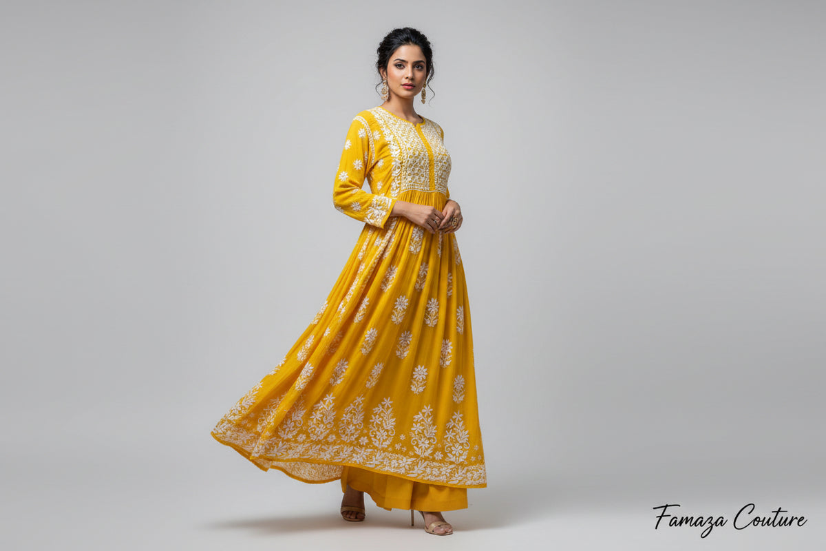 fresh yellow colour naira cut gown style chikankari kurti top with elegant embroidery mustard