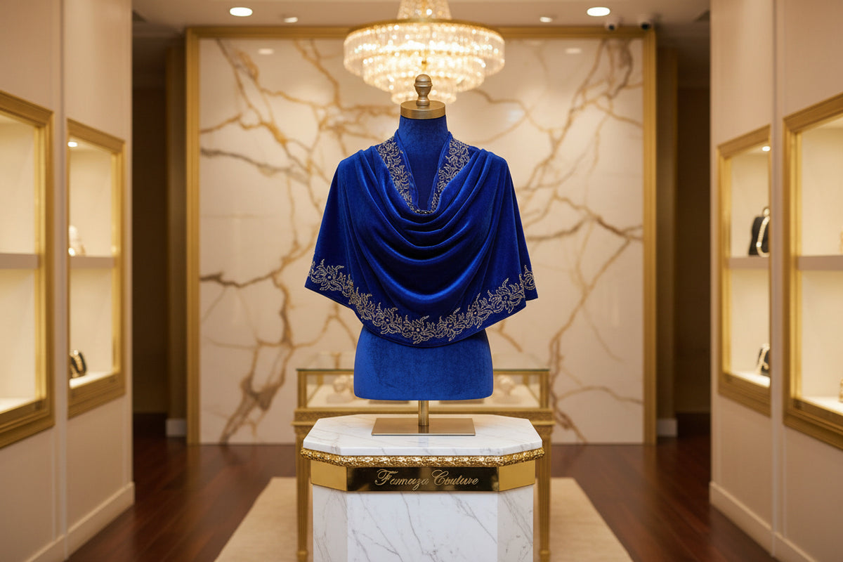 full view of a blue velvet stole with Swarovski embellishments and floral patterns.