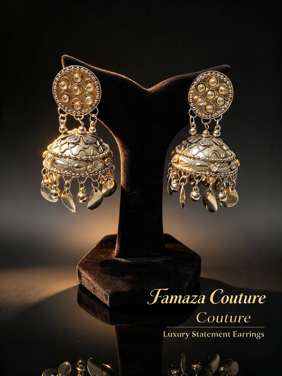 Dual-tone kundan jhumka earrings on a black stand, with gold-tone stone settings, embossed domes and dangling metal drops.