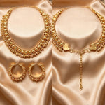 Front and back views of the Gilded Grace choker on satin, showing matching hoops, hook fastening and extender chain
