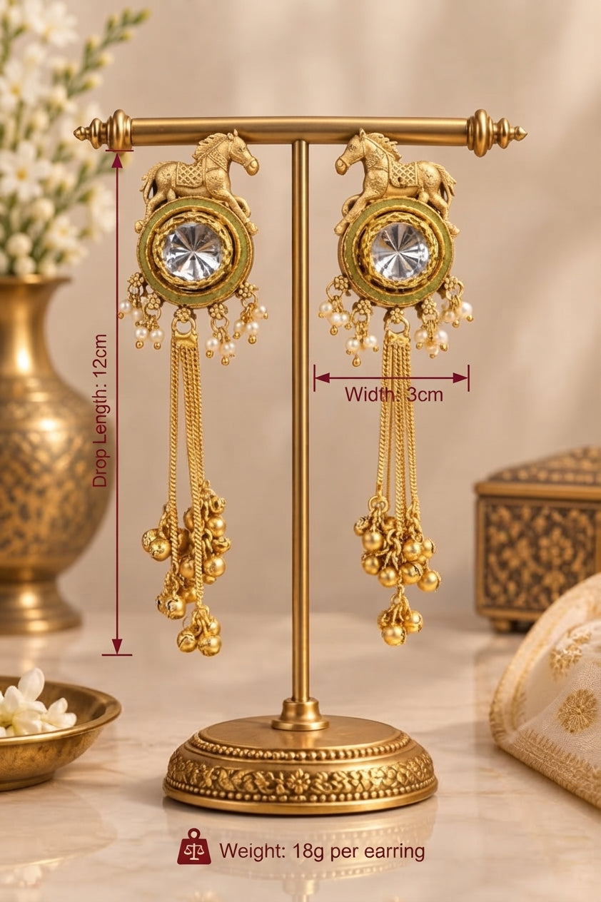 Golden Gallop earrings with measurements showing a 12 cm drop, 3 cm width and weight of 18 g per earring.