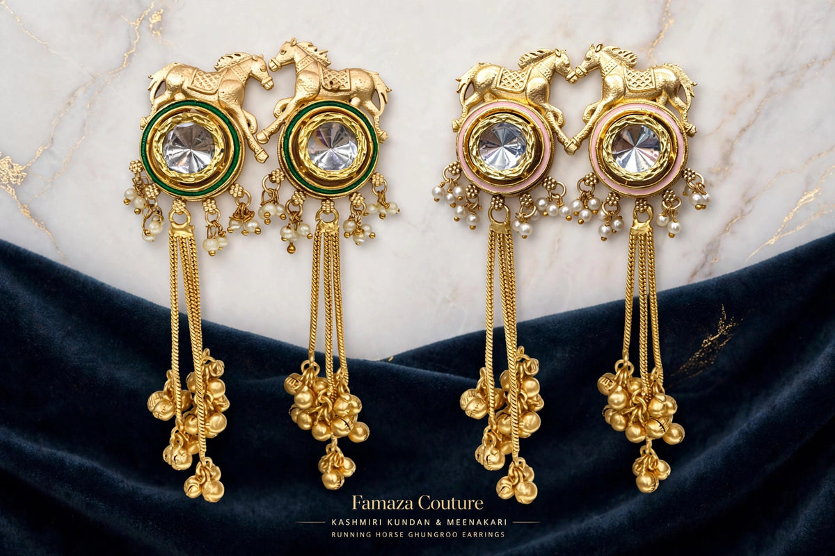 Lime Green and Rose Pink Golden Gallop horse motif earrings with kundan centres and gold-tone chain tassels displayed on navy velvet.