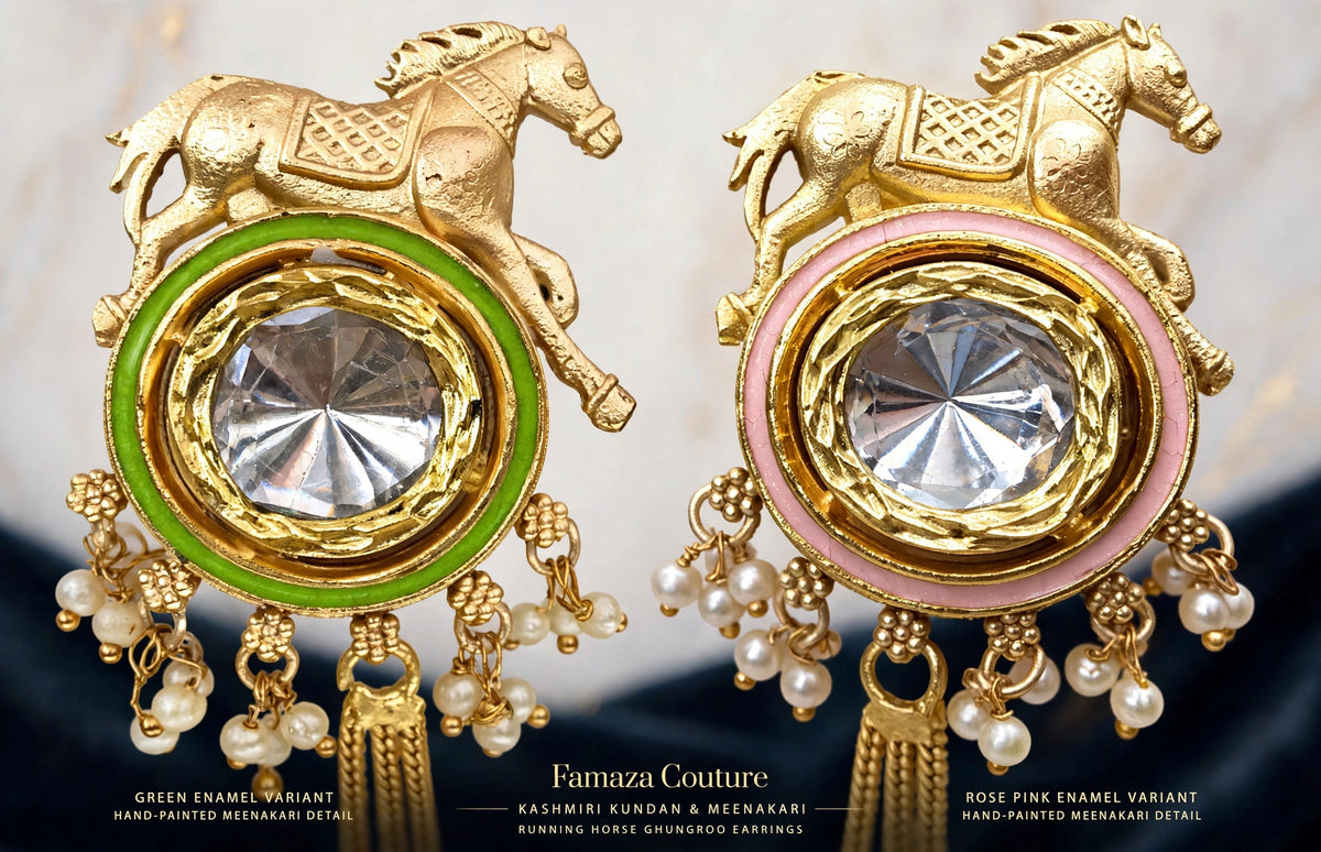 Close-up comparison of green and rose pink Meenakari borders around Golden Gallop kundan centres, beneath sculpted gold-tone horse motifs.