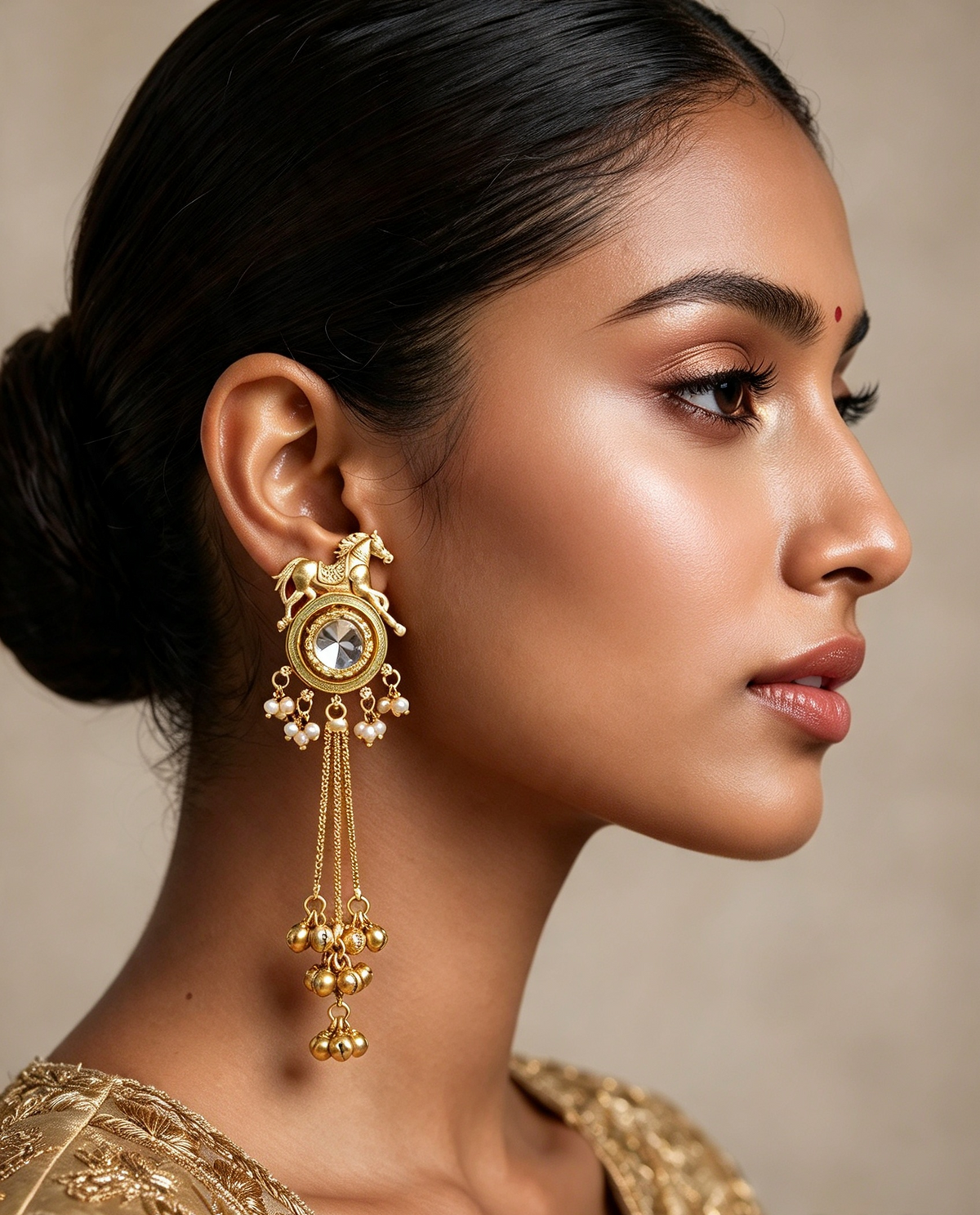 Model wearing a Golden Gallop horse motif earring with a reflective kundan centre, pearl-style accents and long gold-tone chain tassels.