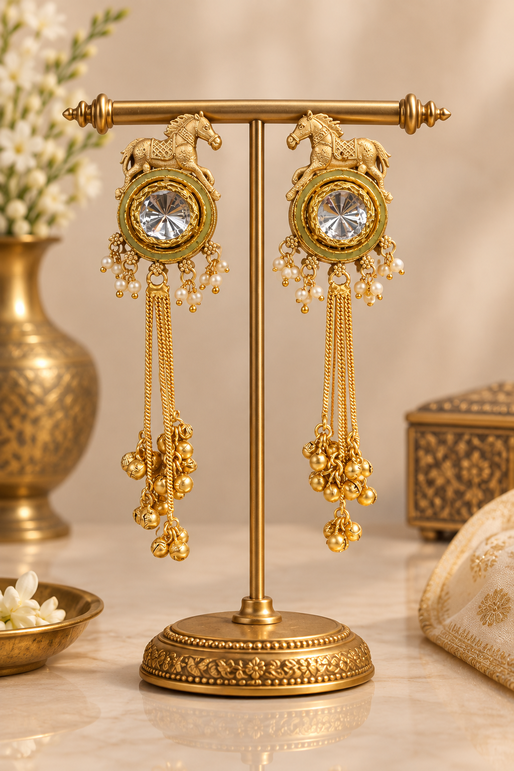Golden Gallop horse motif earrings on a gold stand, showing reflective kundan centres, pearl-style accents and ghungroo-style tassel drops.