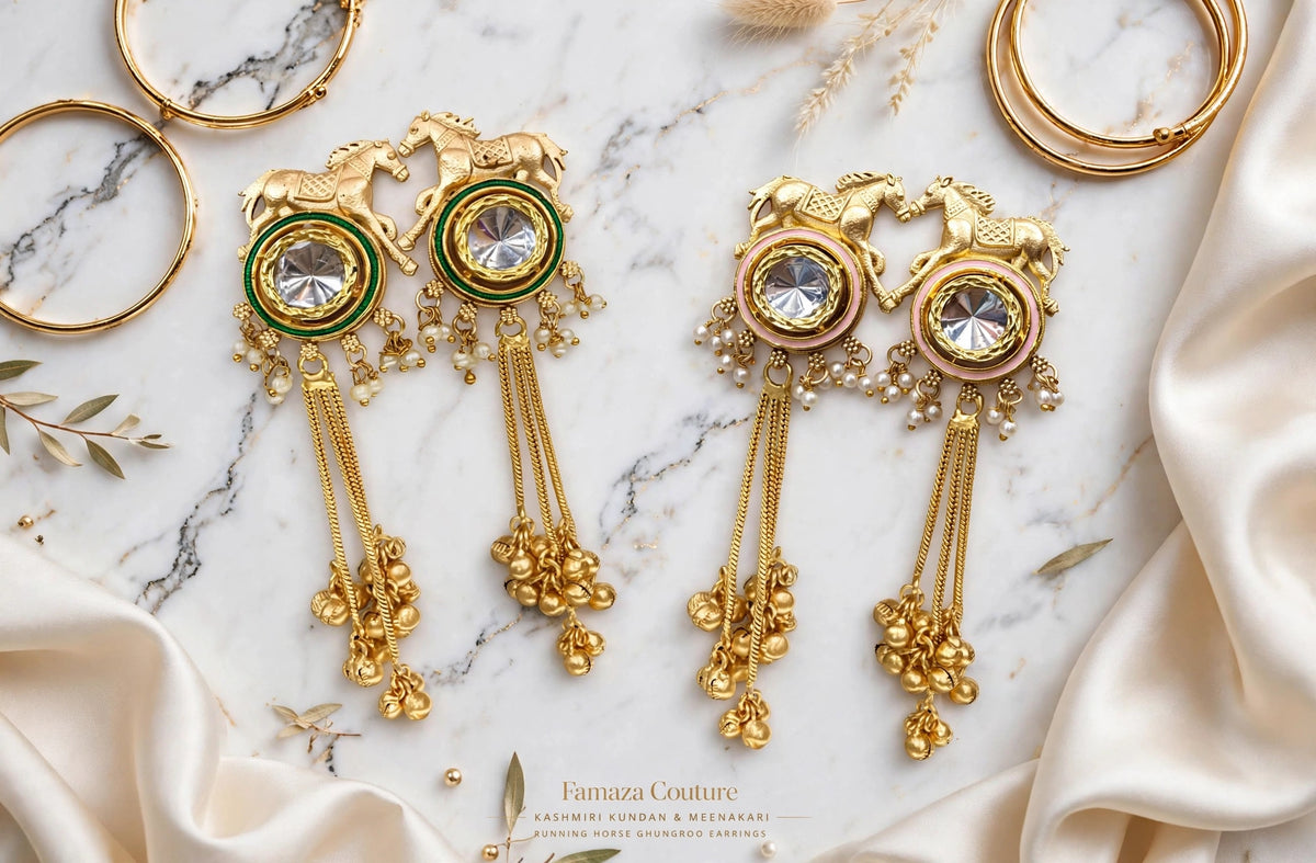 Lime Green and Rose Pink Golden Gallop Meenakari earrings arranged on marble, with horse motifs, pearl-style accents and long tassels.