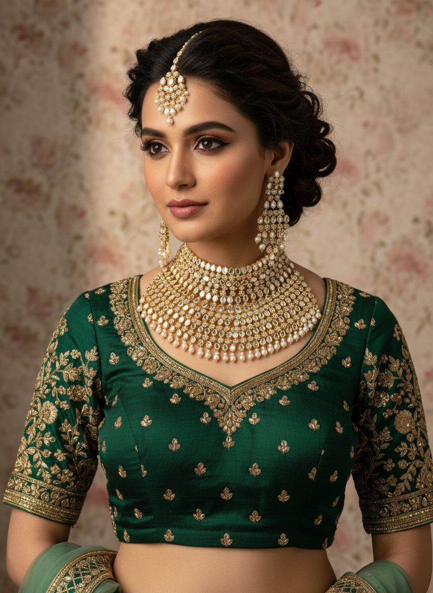 party wear A handcrafted golden choker set with matha patti displayed on a mannequin, featuring kundan and pearl embellishments.