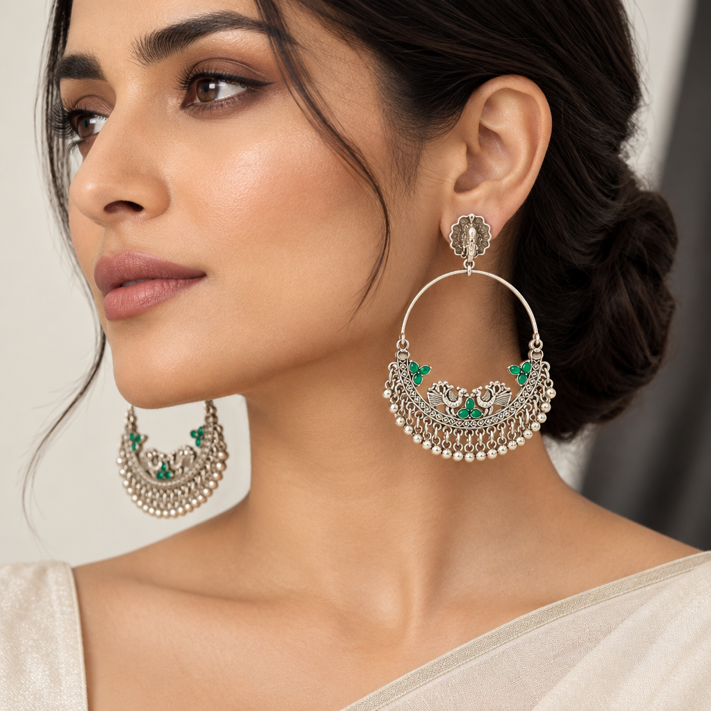 Green worn on model: Model wearing silver-tone peacock chandbali earrings with green accents and ghungroo fringe, paired with a cream outfit.