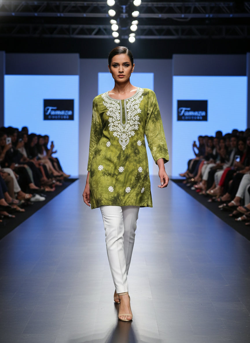 green short kurti in tie & dye style with white machine embroidery by famaza couture 
