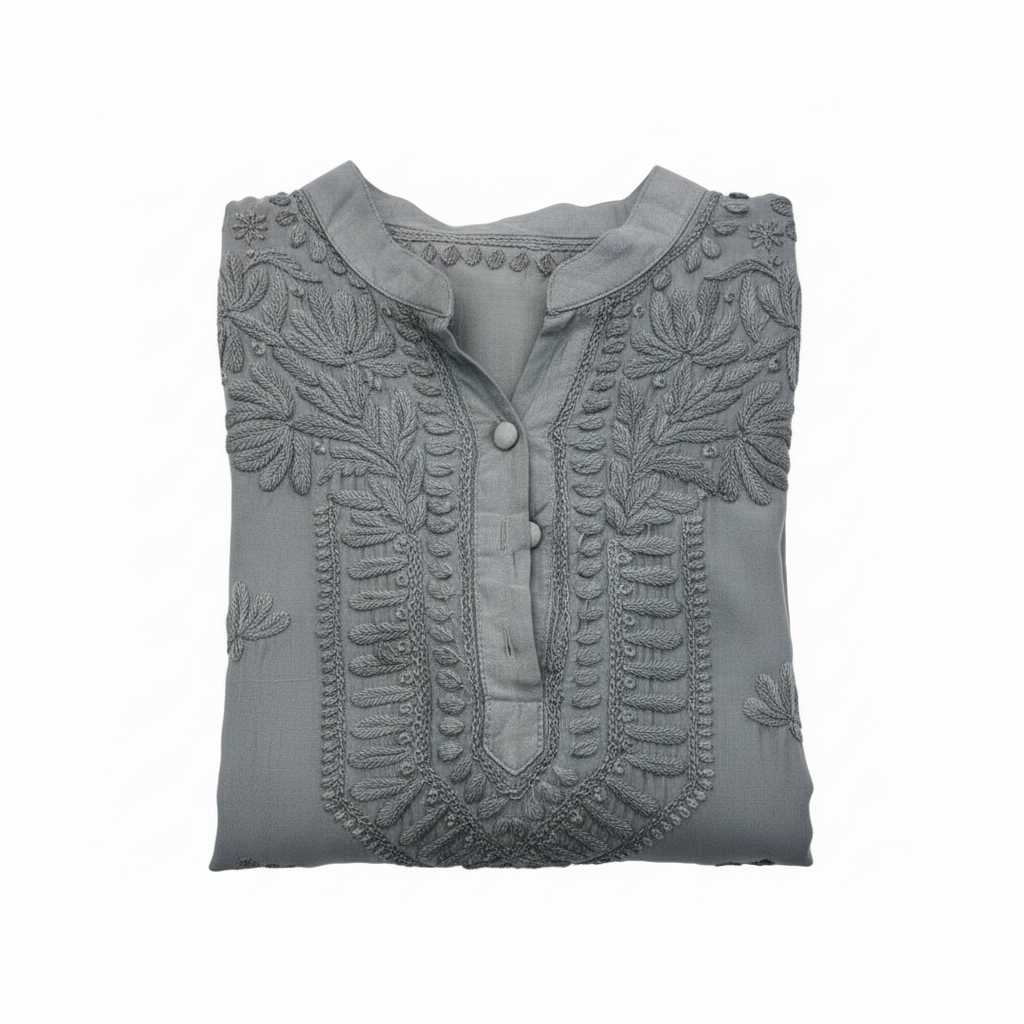 grey short kurti with tone to tone hand embroidery 