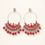 Pair of silver-tone Chandbali hoop earrings with red and pink-orange enamel and bead drops on a pearl-white background.