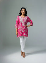 hot pink machine embroidered printed short length kurti by famaza couture 