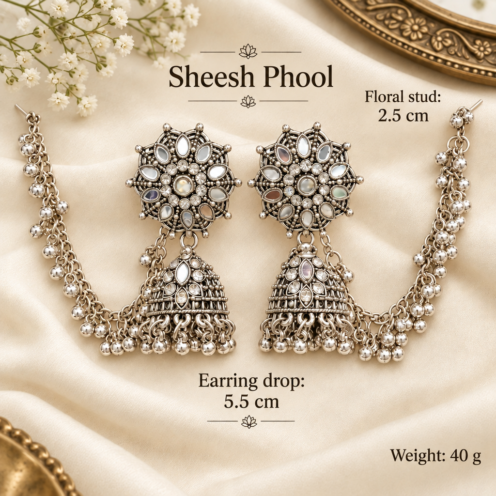 Sheesh Phool mirror-work jhumka earrings with full Sahara chains on cream fabric, labelled with 5.5 cm earring drop, 2.5 cm floral stud and 40 g weight.