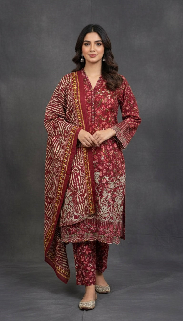 Soft khaddar material detail of traditional Pakistani embroidered suit