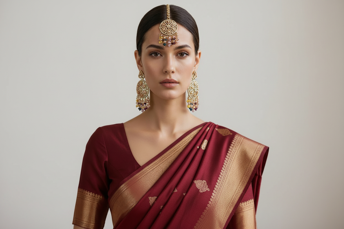A woman wearing a deep maroon silk saree with gold zari borders and motifs, paired with matching gold jewelry, set against a warm beige background.