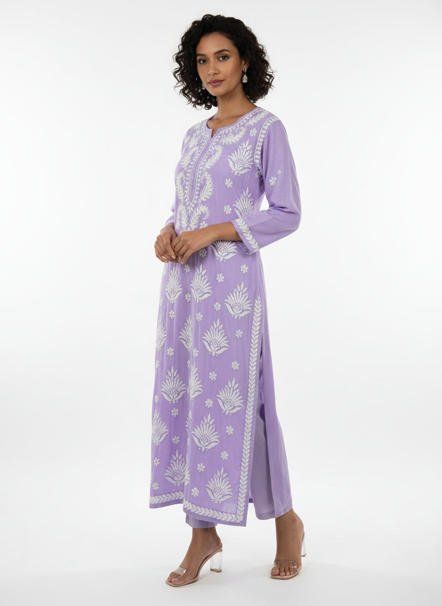 lavender colour Chikankari long kurti with white embroidery in modal fabric by famaza couture 