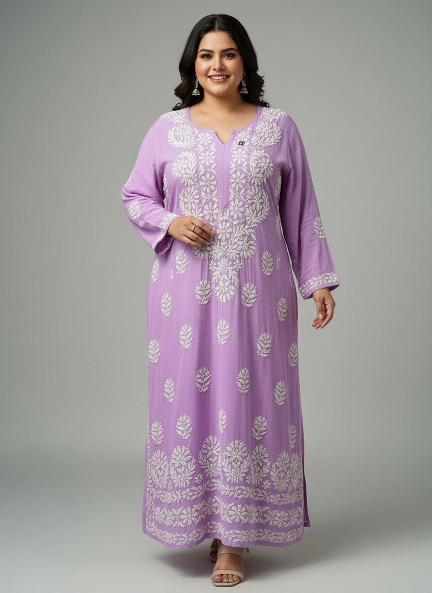 lavender colour chikankari women plus size kurti 