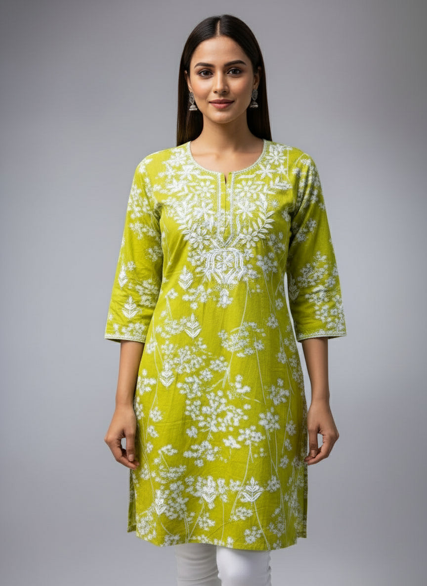 lime green machine embroidered printed short length kurti by famaza couture 