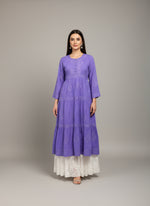 Purple dobby cotton long dress with a white flared trousers 