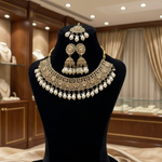 Jewelry set on a mannequin bust with a store interior in the background