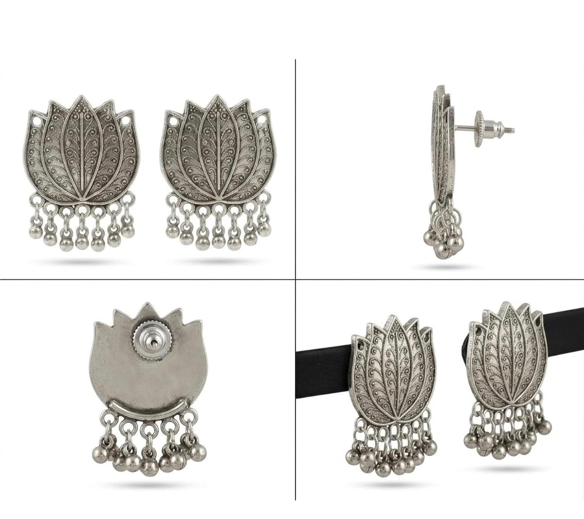 Lotus earrings shown from the front, side and back, with close-ups of the stud posts and back fastenings.