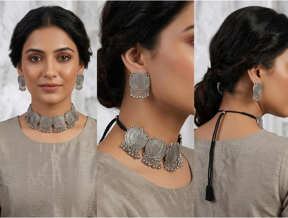 Front, side and back views of a model wearing the lotus jewellery set, showing the black cord tie fastening