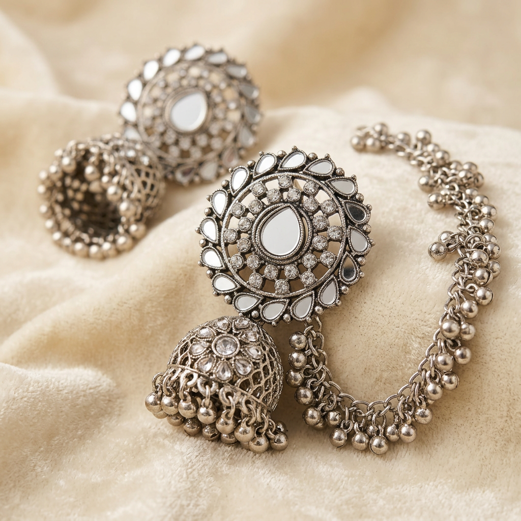 Close-up of teardrop mirror accents, floral tops, openwork jhumka domes and beaded Sahara ear chains on cream fabric.