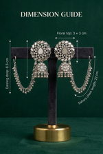 Bahubali earring size guide showing a 6.5 cm drop, 3 × 3 cm floral tops and 22 cm Sahara chains.