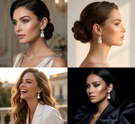 Four different poses of a woman wearing earrings with 'Famaza Couture' branding.