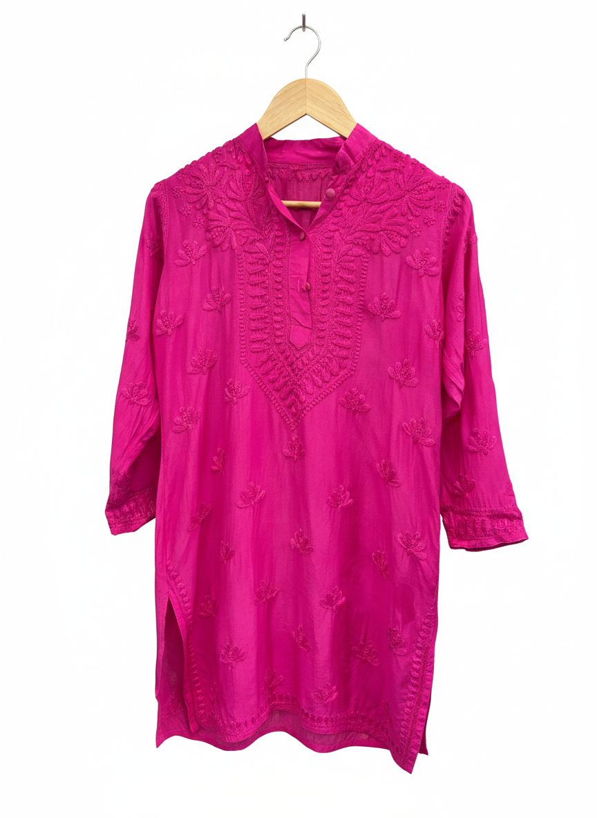 magenta short kurti with tone to tone hand embroidery 