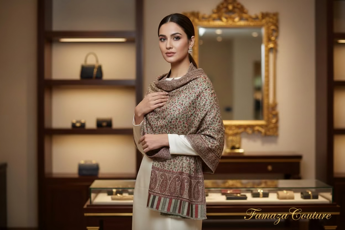 maple lead kashmiri patterned woollen scarf. length is 2.5 yard and width is yards by Famaza Couture.