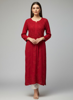 maroon colour chikankari 3d embriodery long viscose fabric kurti 