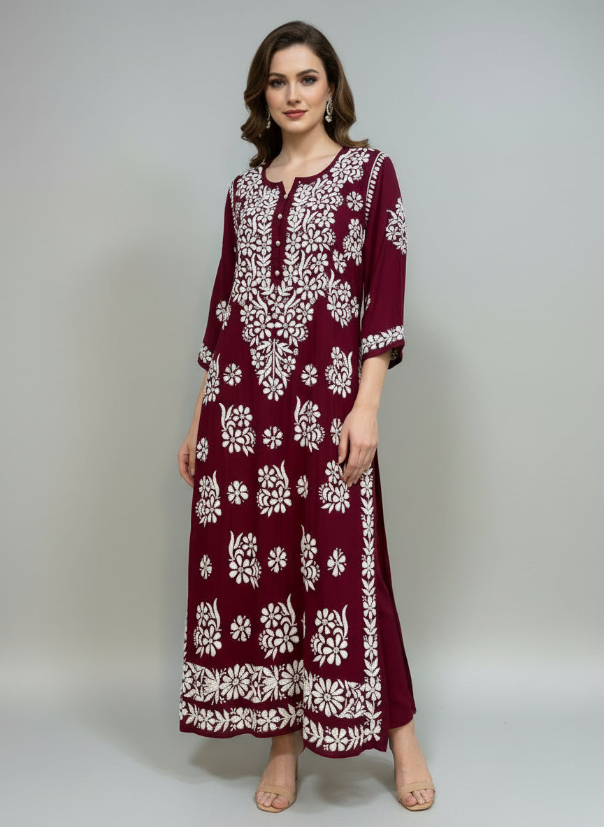 maroon colour modal fabric 46 inches long kurti with white hand embroidery on all over the kurti and sleeves. 