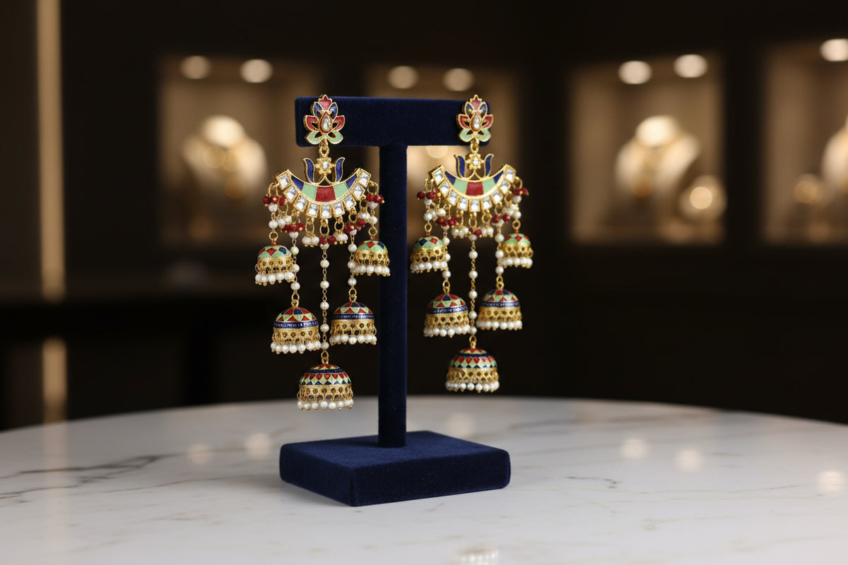maroon wand navy blue Meenakari Jhumka Chandbali Earrings with Pearl Drops – Traditional Indian Bridal & Party Wear Earrings