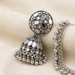 Close-up of Mehr’s mirror-work circular top, ornate jhumka dome, dangling bells and Sahara chain
