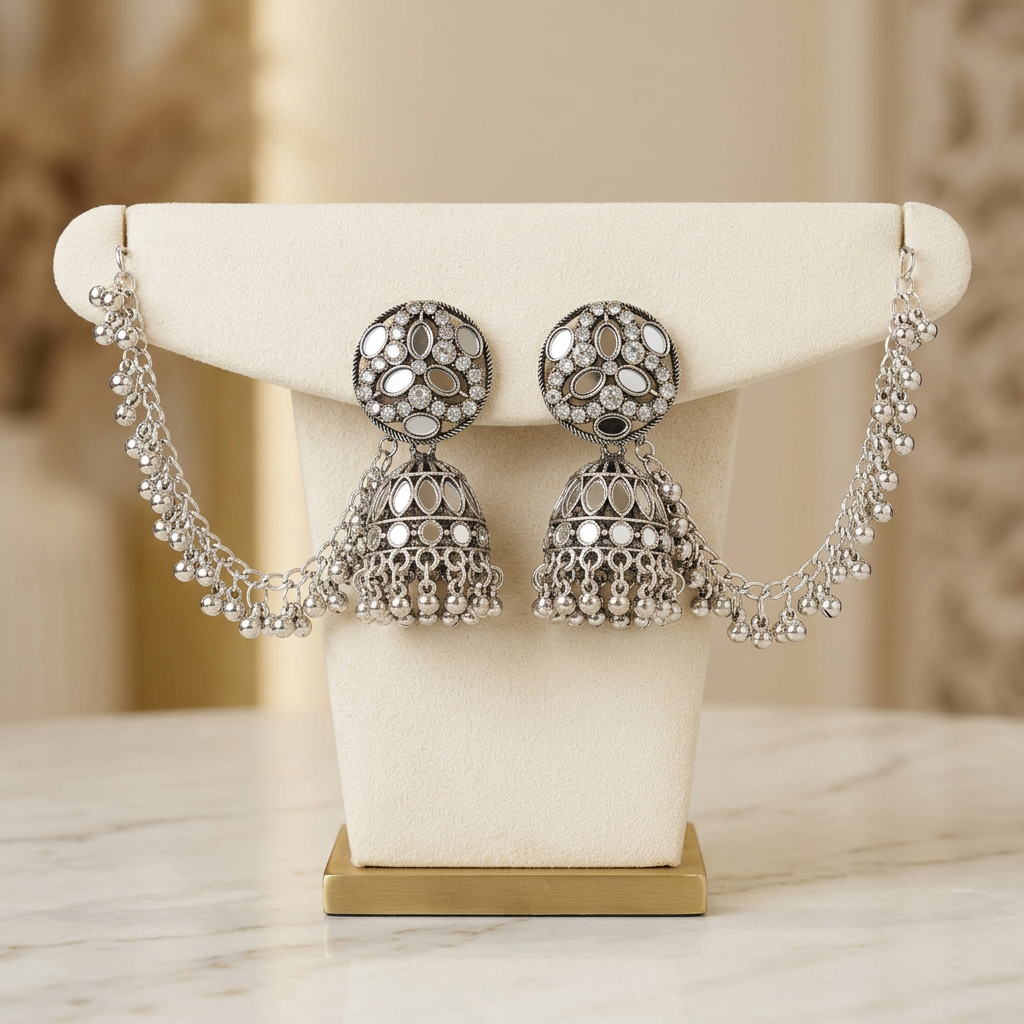 Mehr mirror-work jhumka earrings on an ivory stand, showing silver-tone bell drops and Sahara chains.