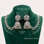 Close-up of Mehr’s mirror-work circular top, ornate jhumka dome, dangling bells and Sahara chain